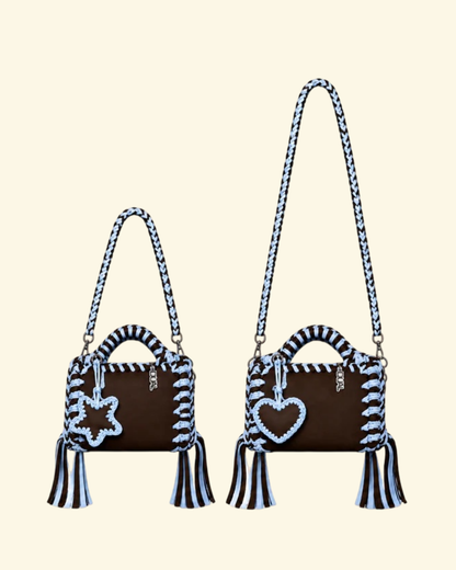 borse uncinetto funny bicolore pelle e crochet marrone e celeste con tracolla da 60cm e 90cm