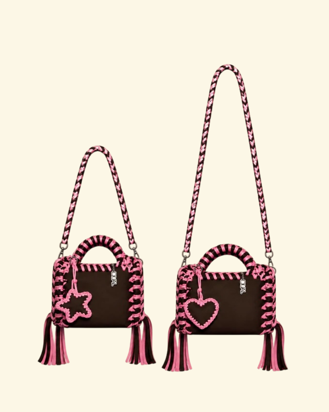 borse uncinetto funny bicolore pelle e crochet marrone e rosa con tracolla da 60cm e 90cm