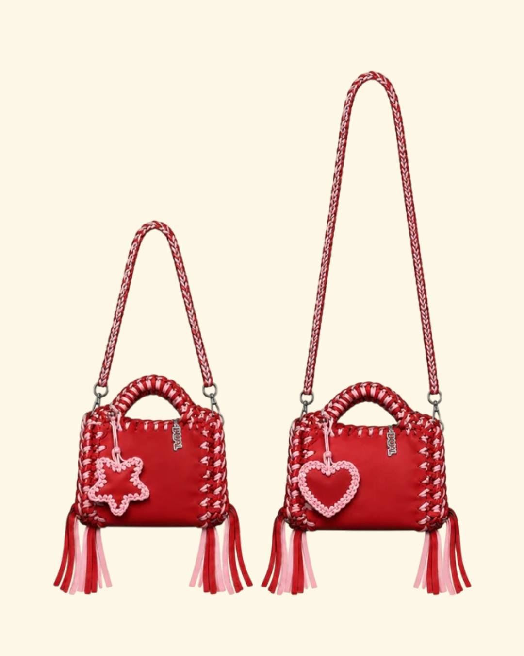 borse uncinetto funny bicolore pelle e crochet rossa e rosa con tracolla da 60cm e 90cm