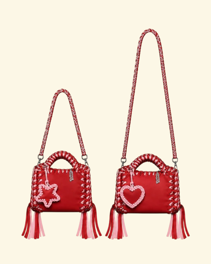 borse uncinetto funny bicolore pelle e crochet rossa e rosa con tracolla da 60cm e 90cm