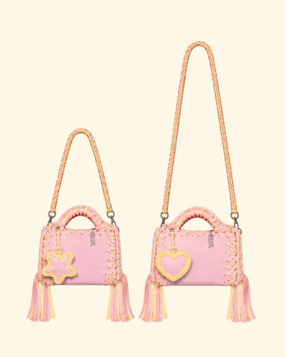 borse uncinetto funny bicolore pelle e crochet rosa e gialla con tracolla da 60cm e 90cm