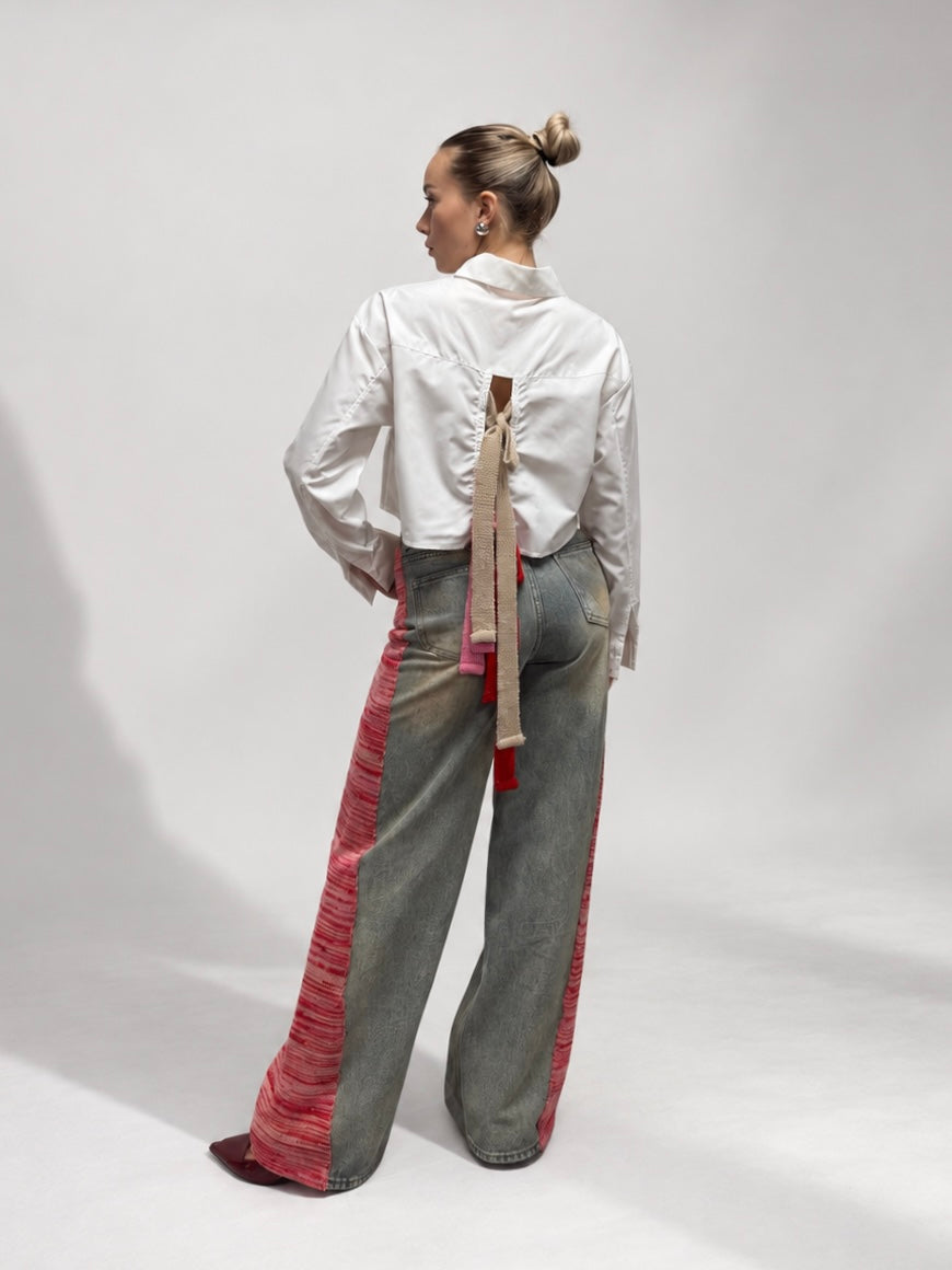 camicia crop lacci jeans maglieria rosa