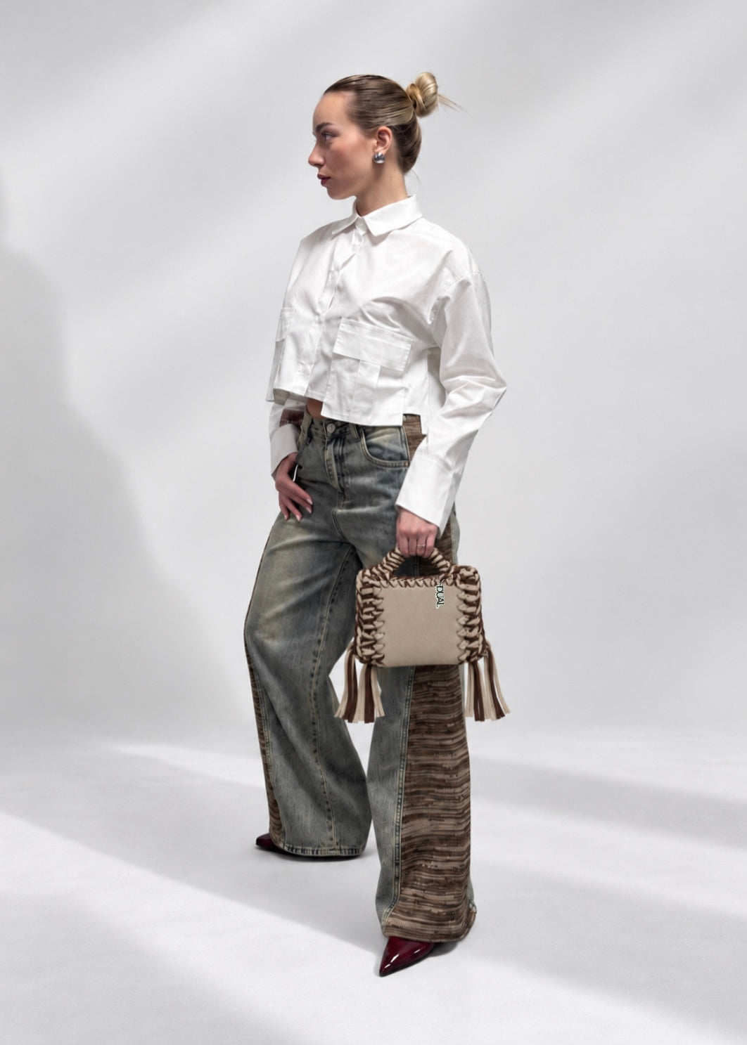 camicia crop  lacci maglieria jeans maglieria funny biolore beige marrone