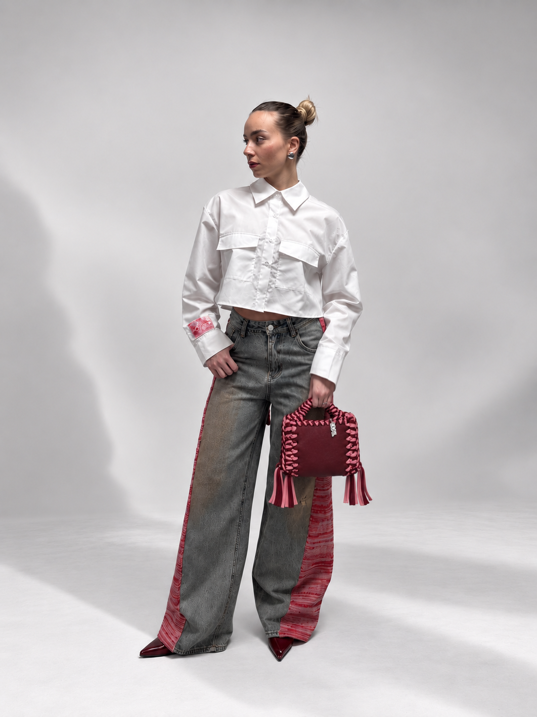 camicia crop  lacci maglieria jeans maglieria funny biolore rosa bordeaux