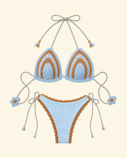 costume uncinetto crochet davanti beige e celeste