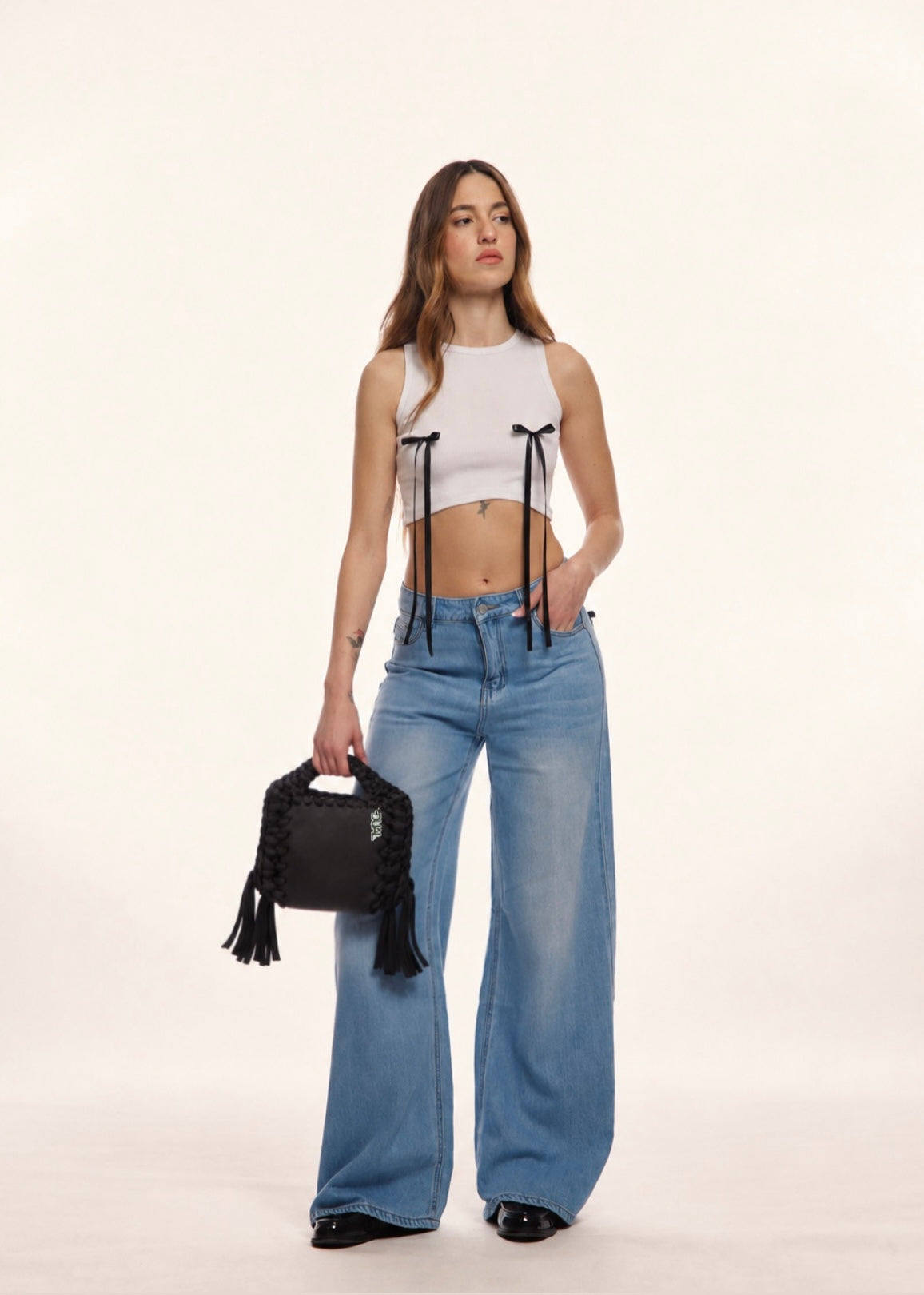 denim jeans top fiocchi neri funny monocolore pelle crochet nero