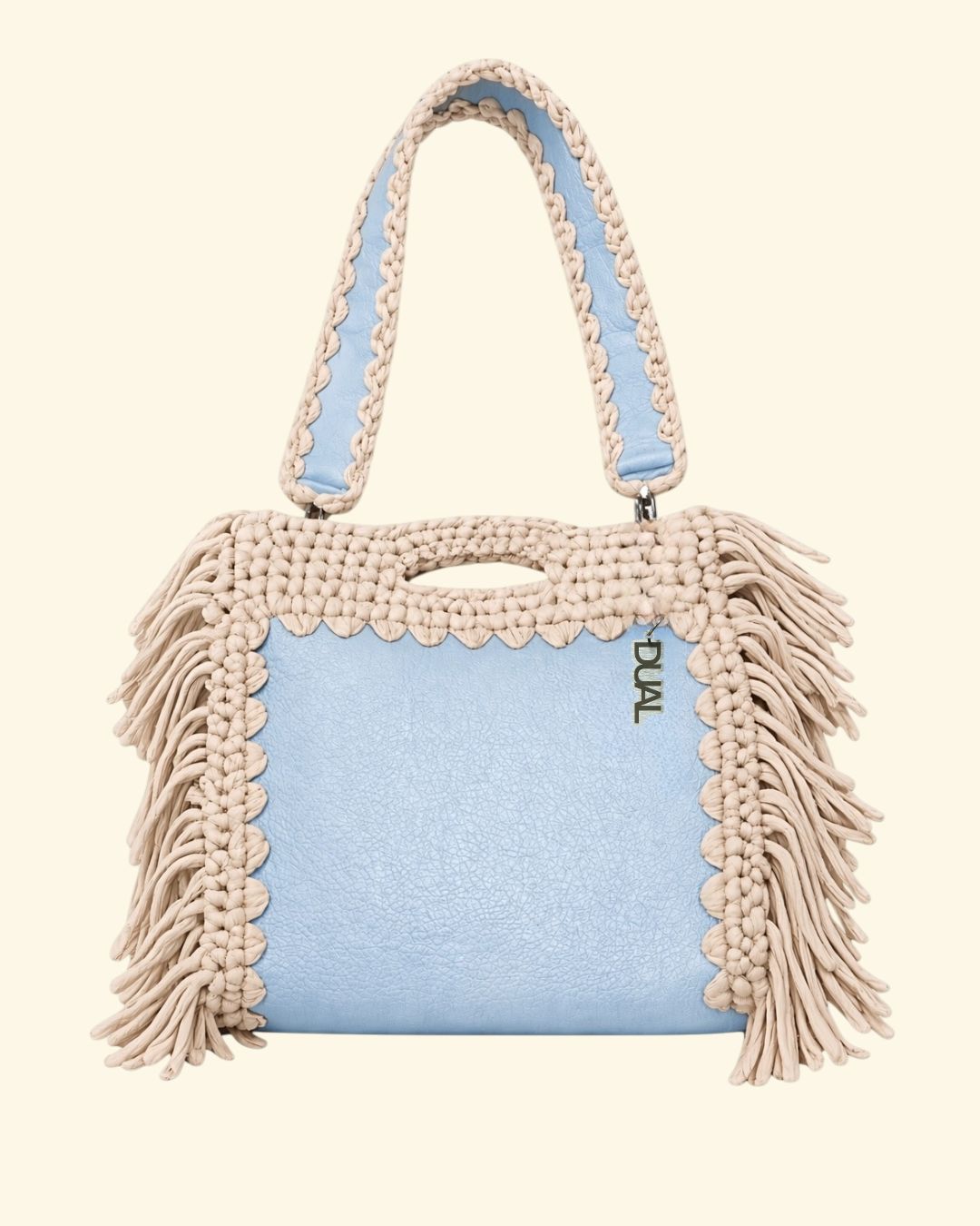 fluffy bag borsa crochet e pelle beige e celeste uncinetto