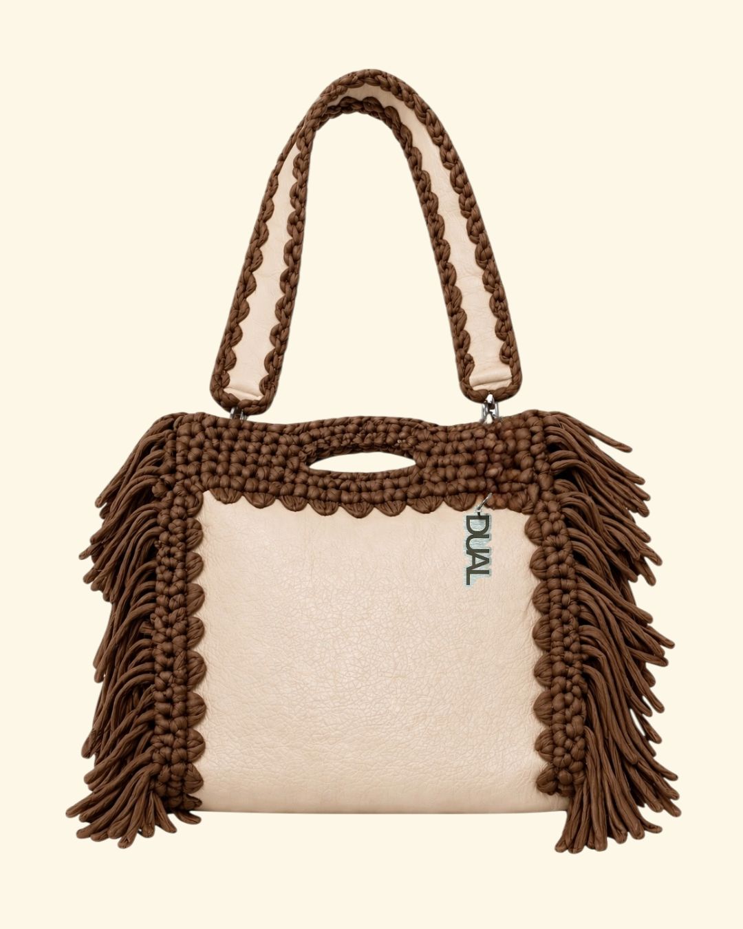 fluffy bag borsa crochet e pelle beige e marrone uncinetto