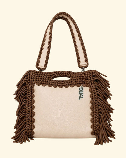 fluffy bag borsa crochet e pelle beige e marrone uncinetto