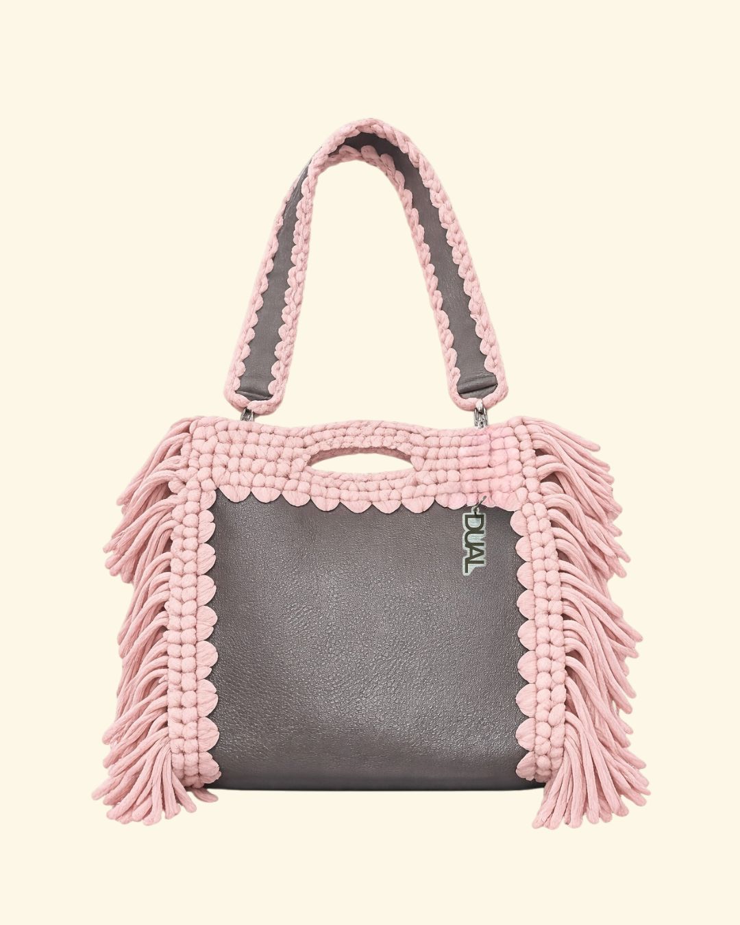 fluffy bag borsa crochet e pelle rosa e grigia uncinetto