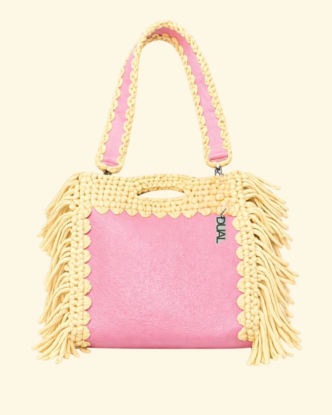 fluffy bag borsa crochet e pelle rosa e gialla uncinetto