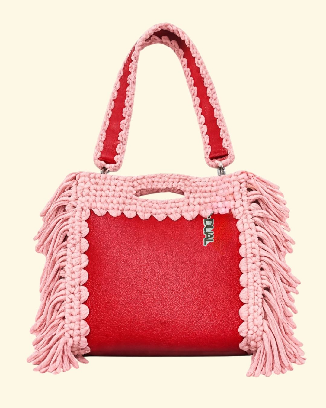 fluffy bag borsa crochet e pelle rosa e rossa uncinetto