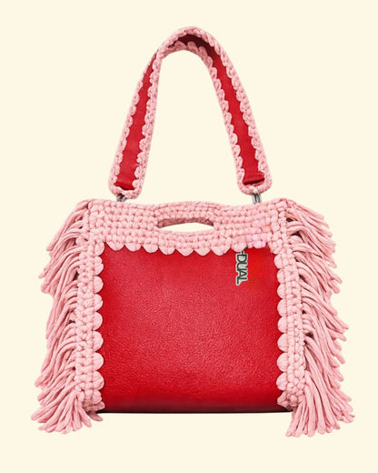 fluffy bag borsa crochet e pelle rosa e rossa uncinetto