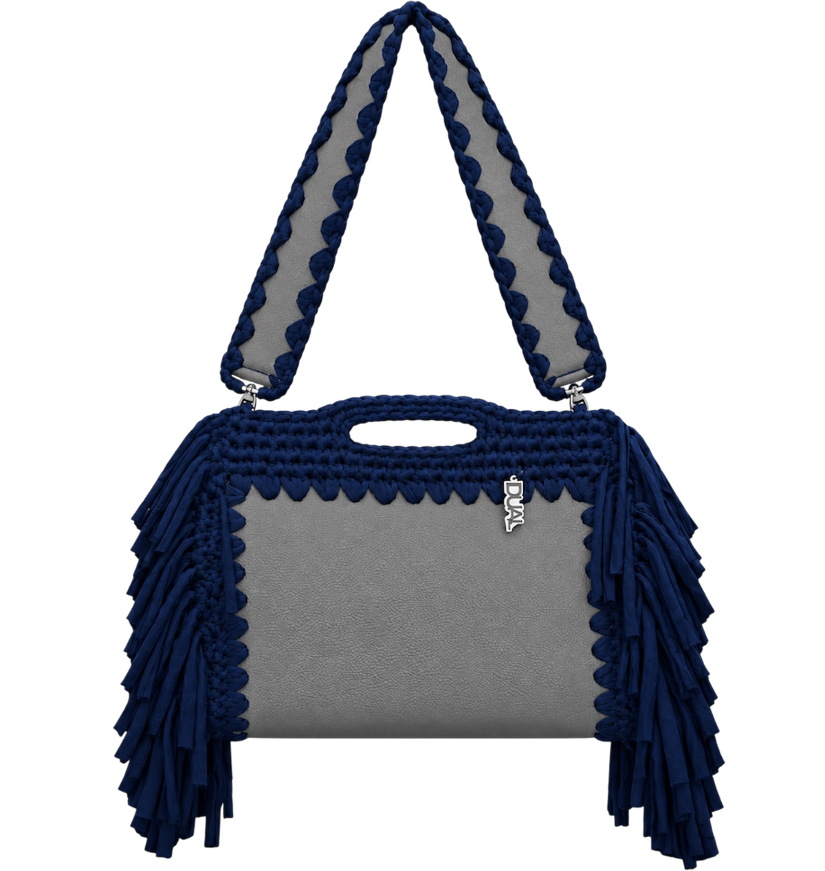 fluffy bag grigio e blu indossata