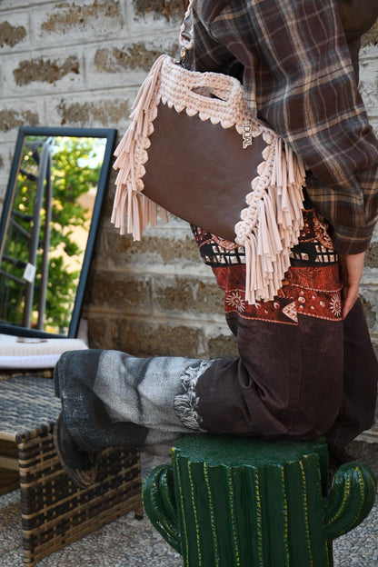 fluffy bag marrone e beige crochet e pelle borsa uncinetto