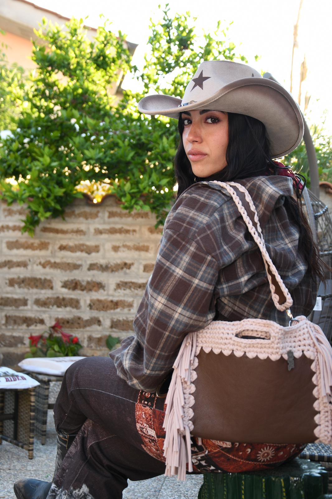fluffy bag marrone e beige pelle e crochet borsa pelle e crochet uncinetto