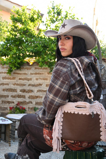 fluffy bag marrone e beige pelle e crochet borsa pelle e crochet uncinetto
