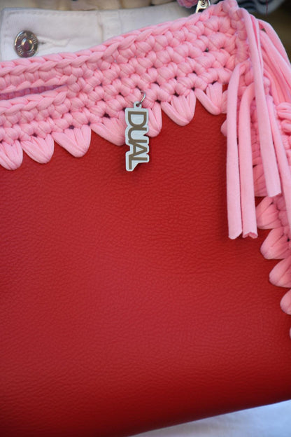 fluffy bag rossa e rosa borsa pelle e crochet uncinetto