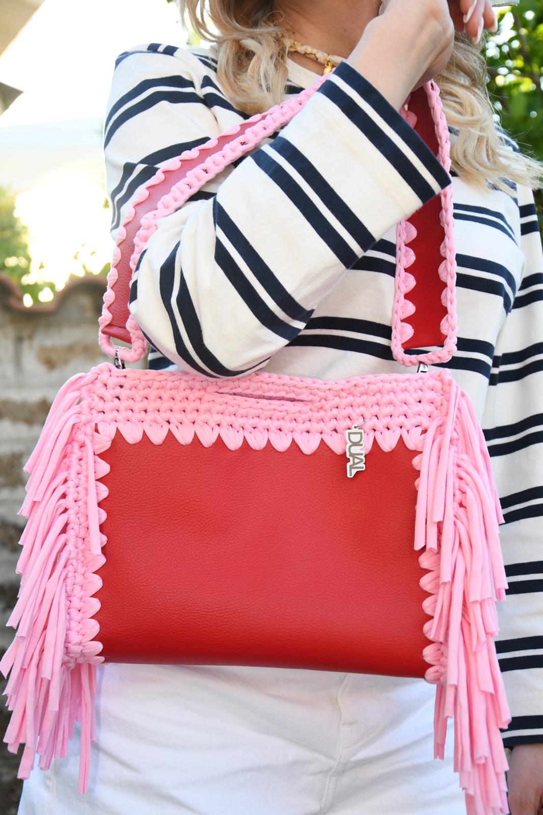 fluffy bag rossa e rosa pelle borsa pelle e crochet uncinetto