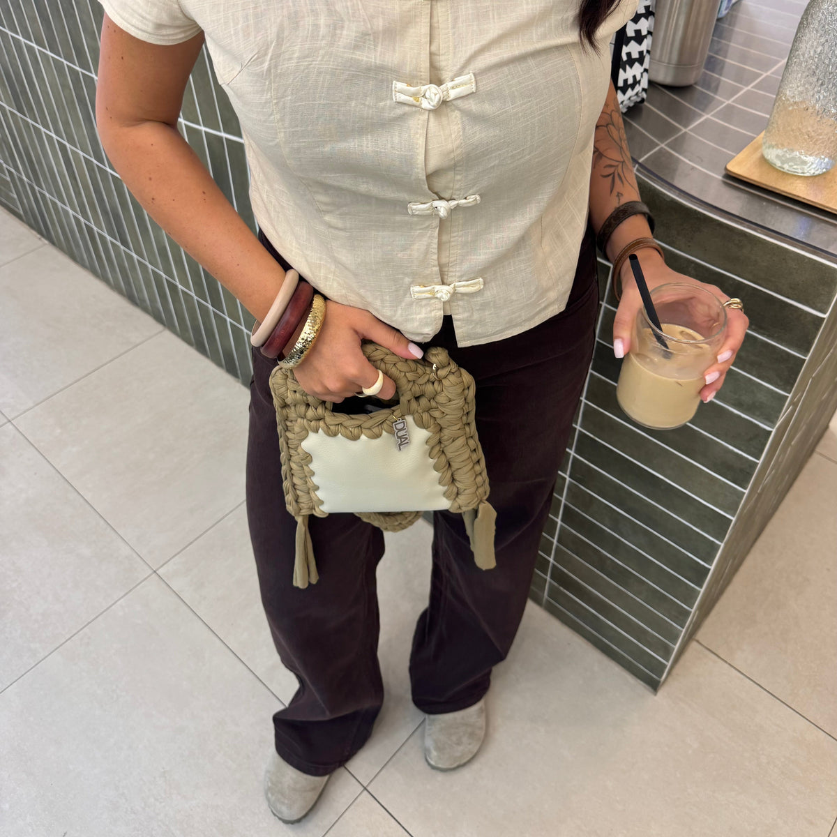 funny monocolore pelle e crochet beige