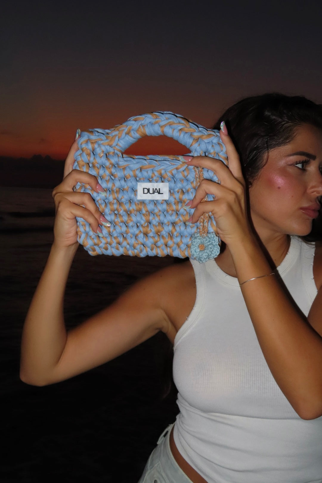 funny bicolor beige e celeste borsa uncinetto chrochet