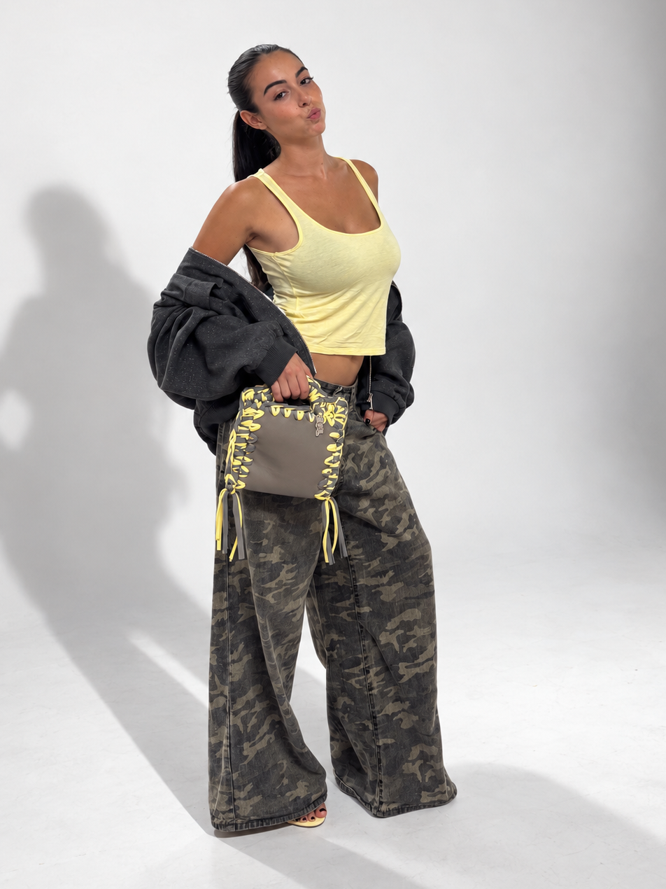funny bicolore pelle crochet grigio giallo
