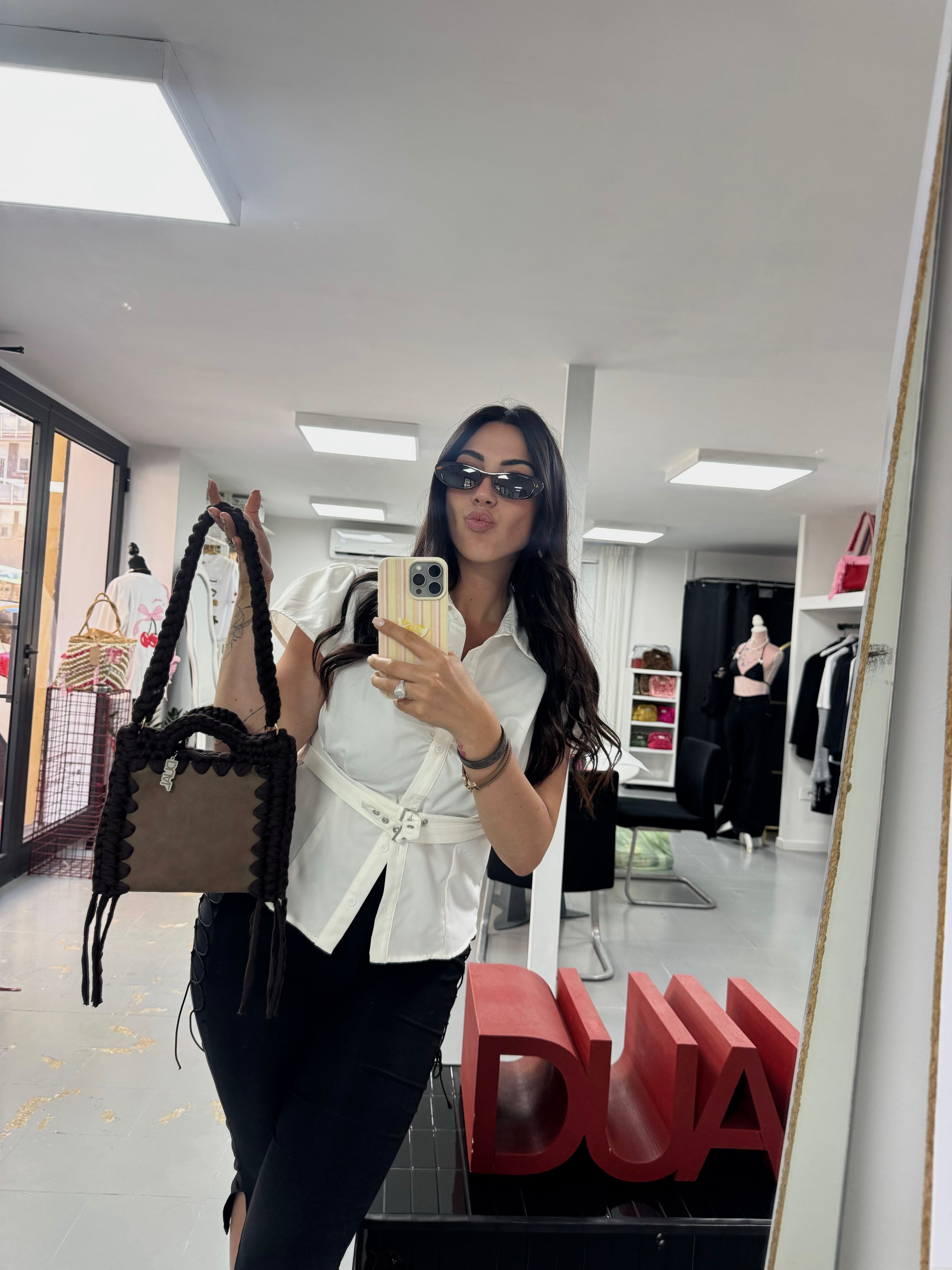 funny borsa crochet e pelle monocolore marrone