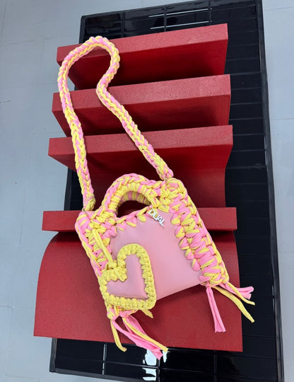 FUNNY BICOLORE PELLE ROSA E GIALLO CHARM CUORE TRACOLLA 90 CM