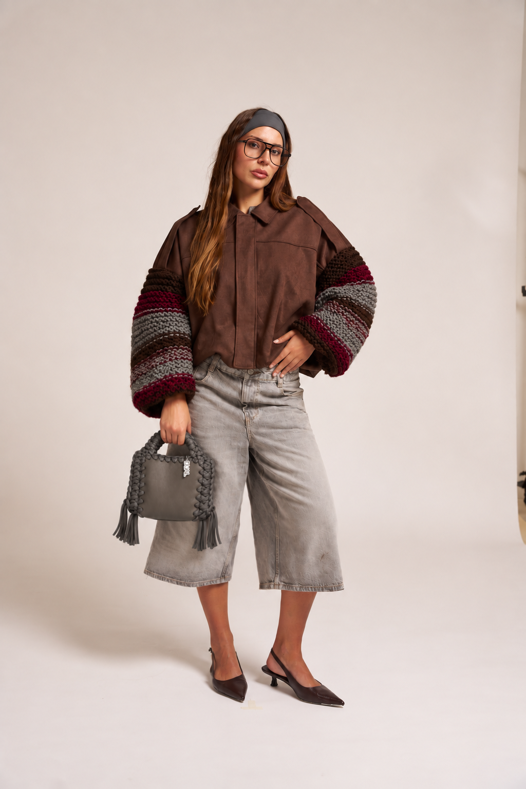 giacca bomber marrone camoscio maniche maglieria funny monocolore grigio pelle crochet
