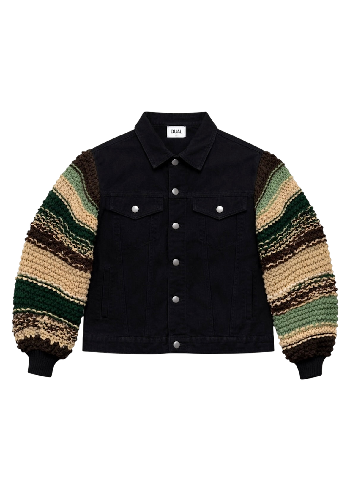 giacca jeans nero maniche maglieria verde