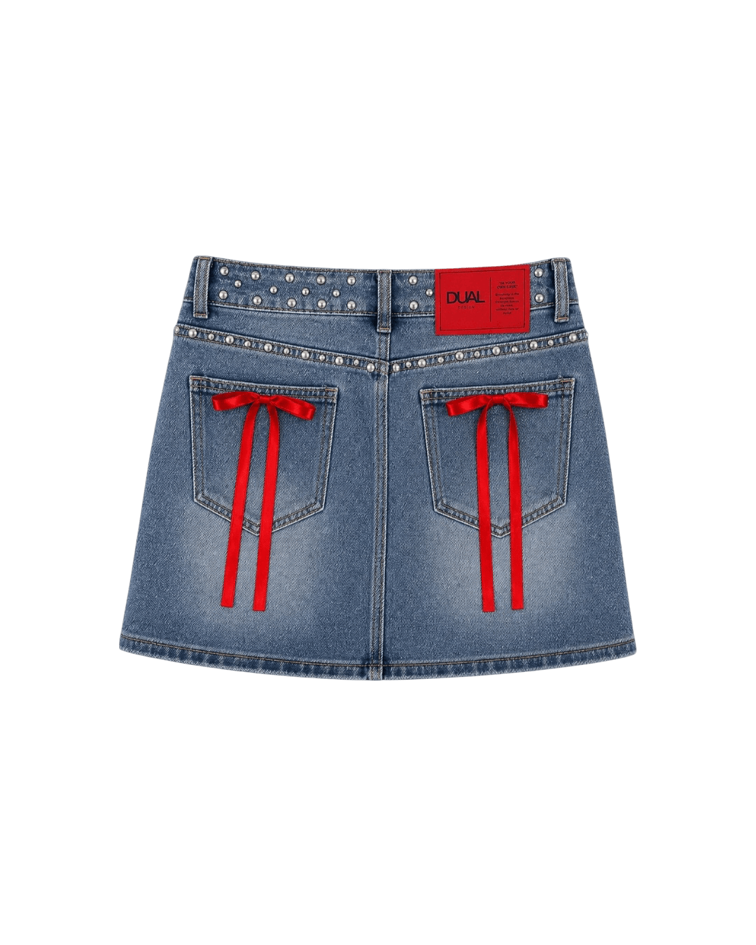 gonna jeans denim con fiocchi rossi