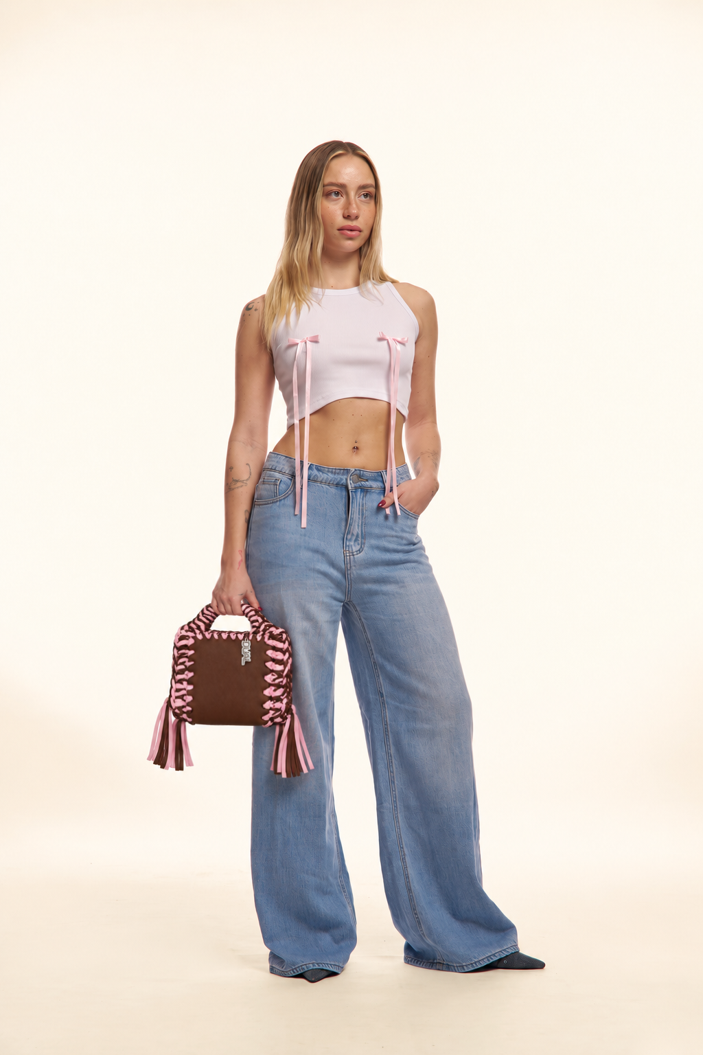 jeans top fiocchi rosa funny bicolore pelle crochet marrone rosa
