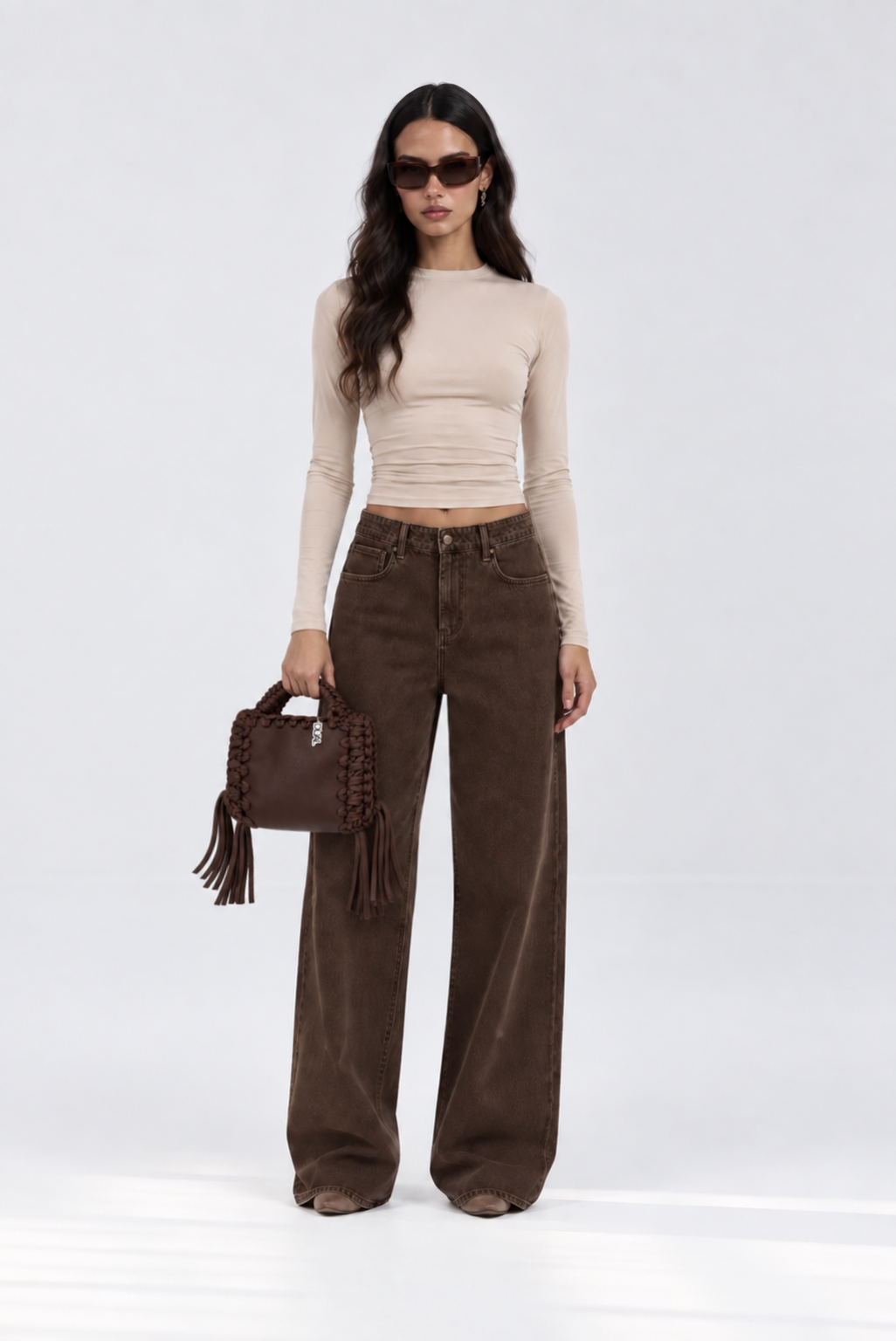 pantaloni jeands marroni fiocchi beige funny pelle crochet marrone monocolore