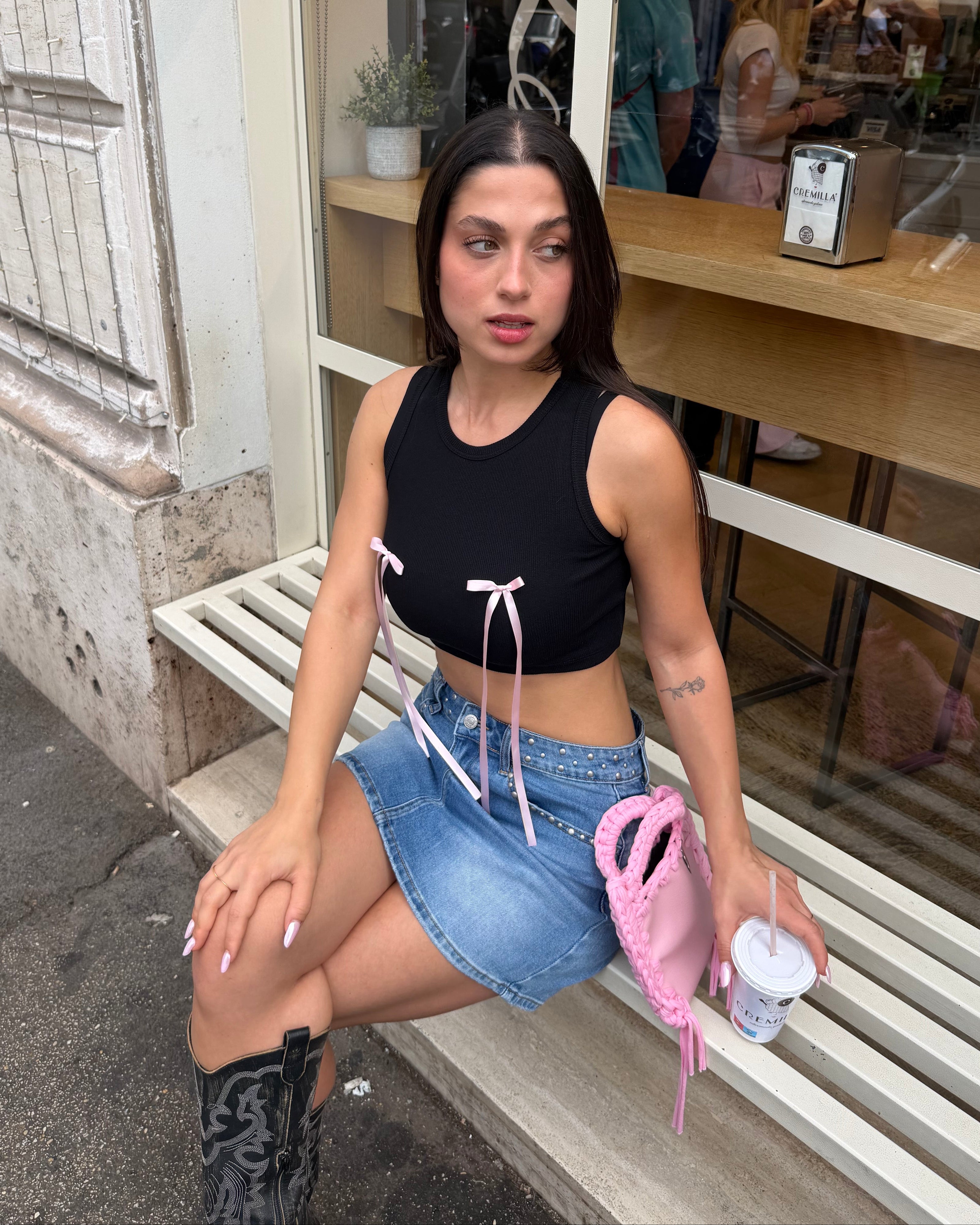 top nero fiocchi rosa gonna fiocchi rosa funny monocolore