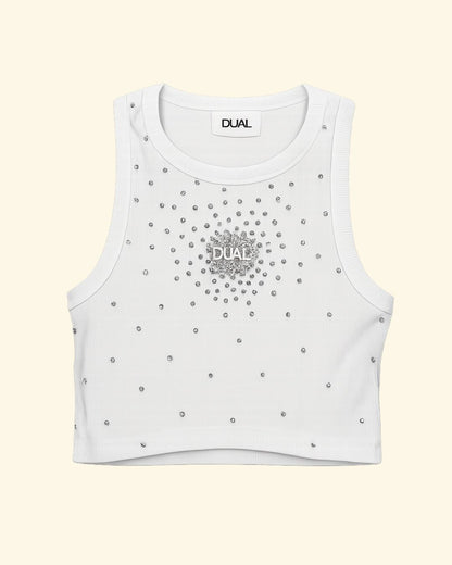 crop top strass bianco canotta scollo all americana 