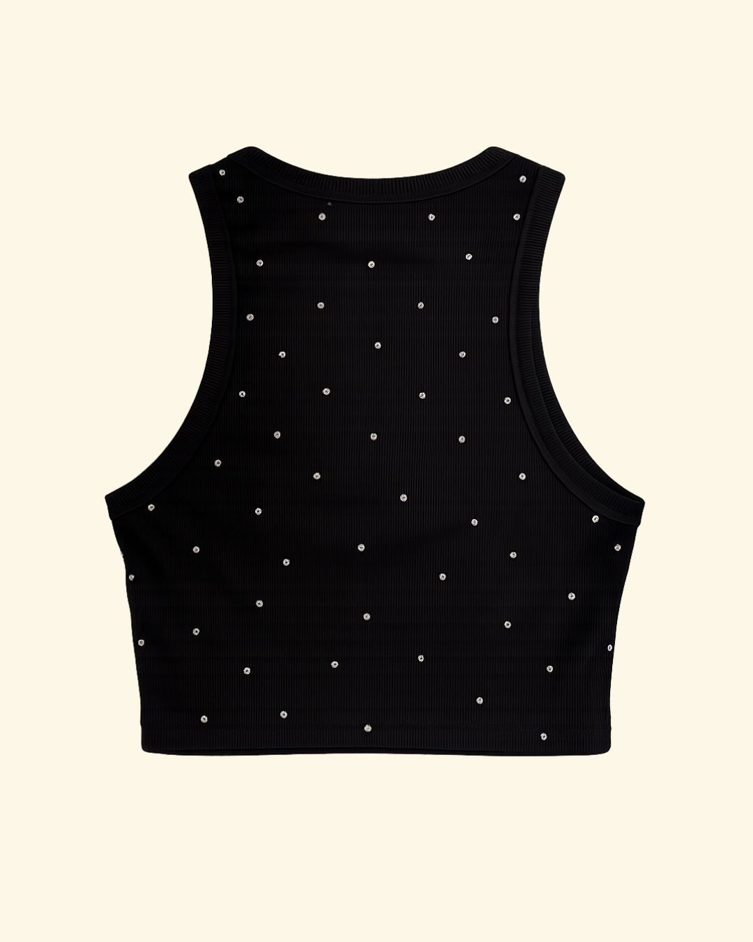 crop top strass nero canotta scollo all americana 