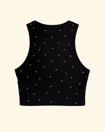 crop top strass nero canotta scollo all americana 