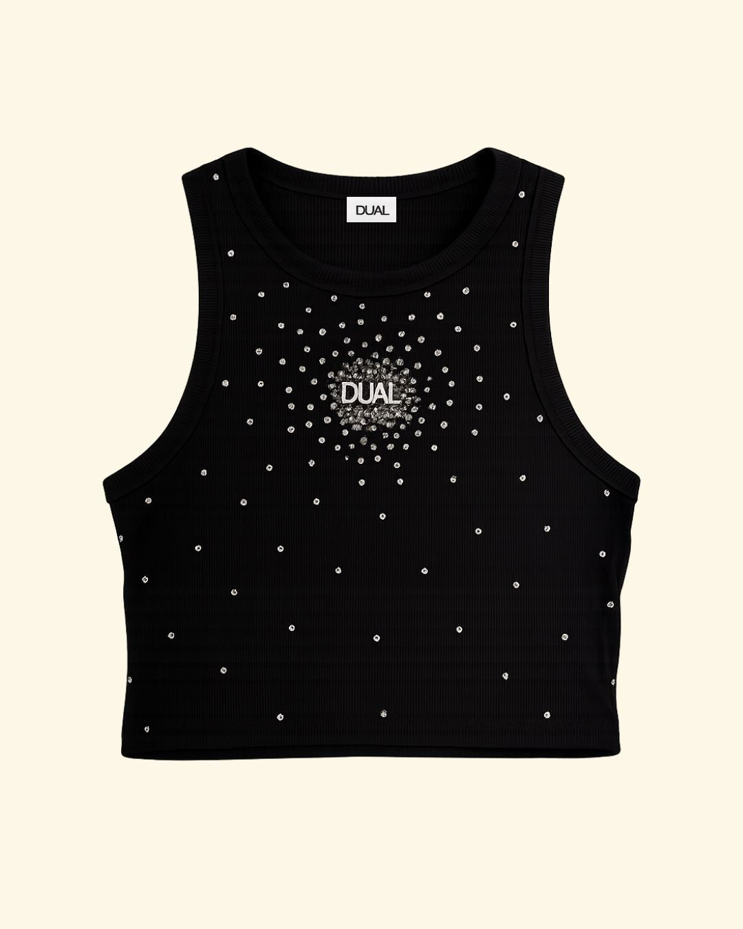 crop top strass nero canotta scollo all americana 