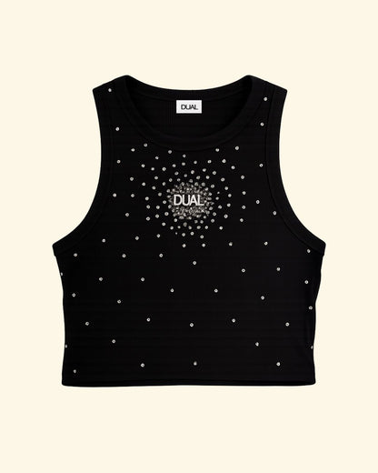 crop top strass nero canotta scollo all americana 