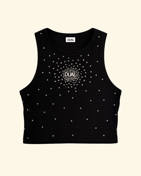 crop top strass nero canotta scollo all americana 